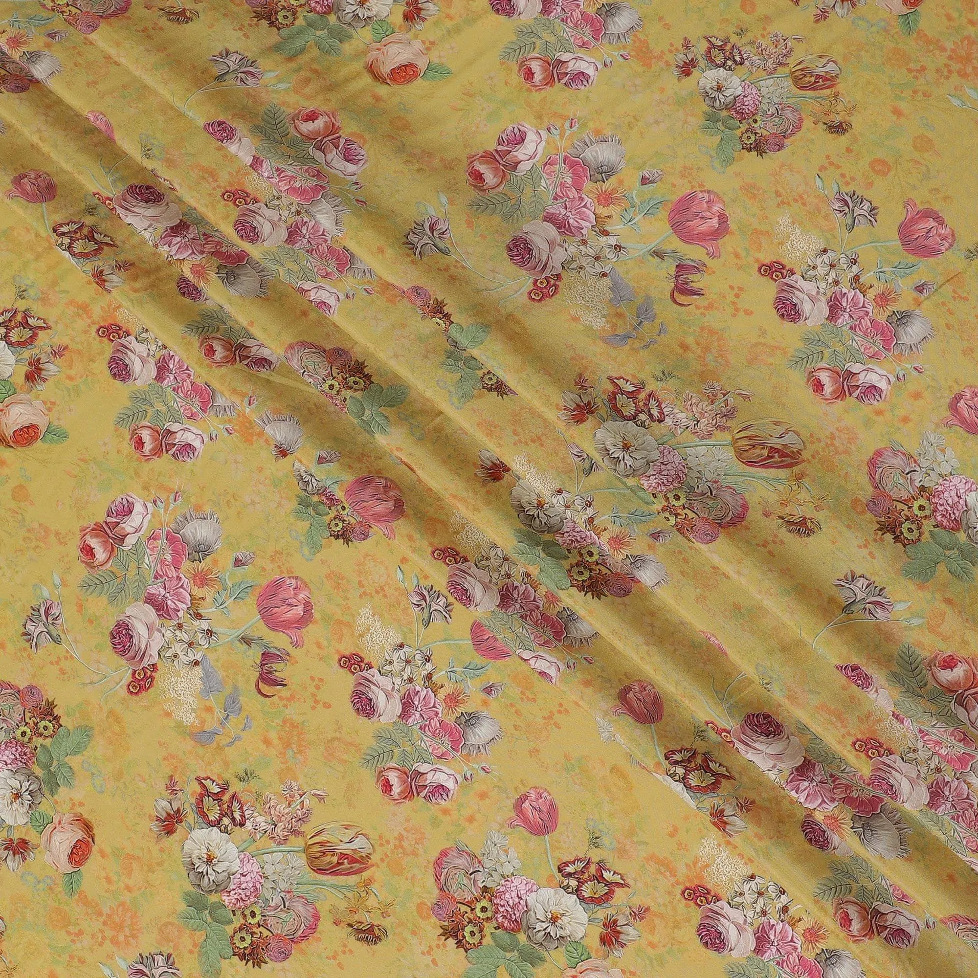 Mustard yellow viscose cotton fabric with multicolor print in floral design-D15830