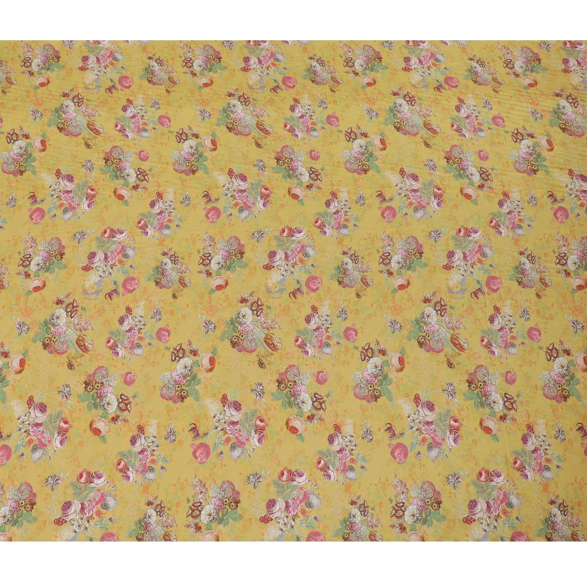 Mustard yellow viscose cotton fabric with multicolor print in floral design-D15830
