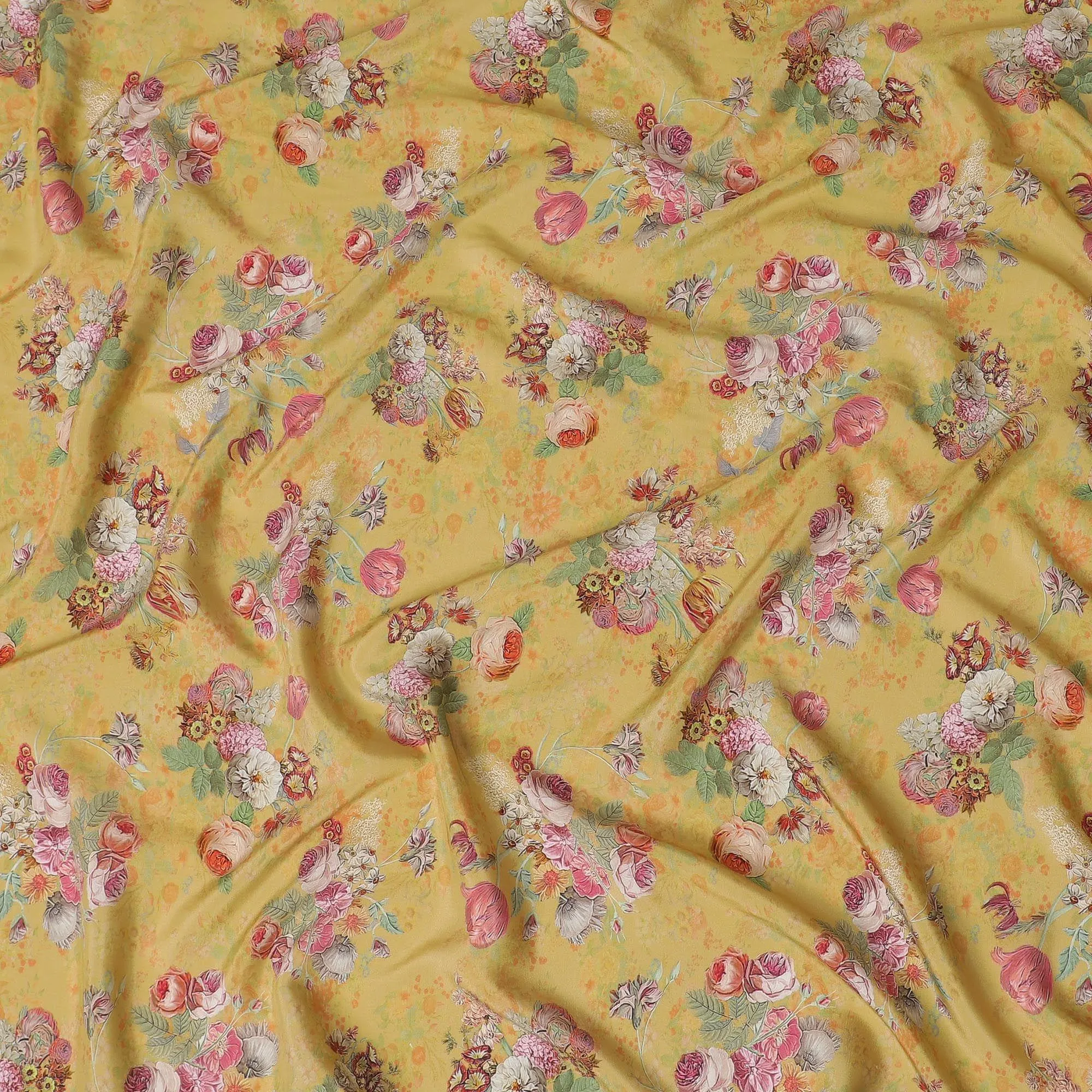 Mustard yellow viscose cotton fabric with multicolor print in floral design-D15830