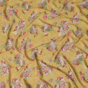Mustard yellow viscose cotton fabric with multicolor print in floral design-D15830