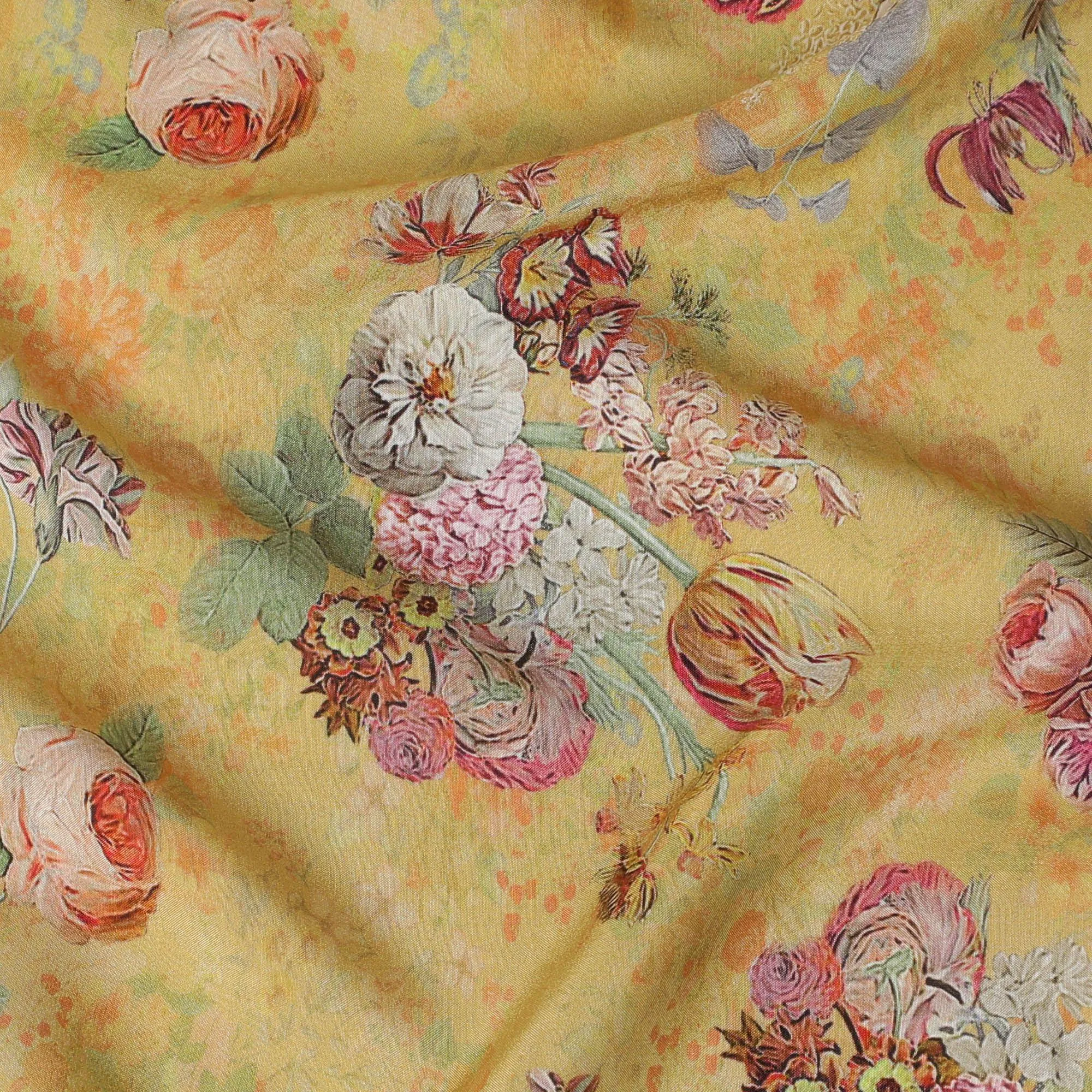 Mustard yellow viscose cotton fabric with multicolor print in floral design-D15830