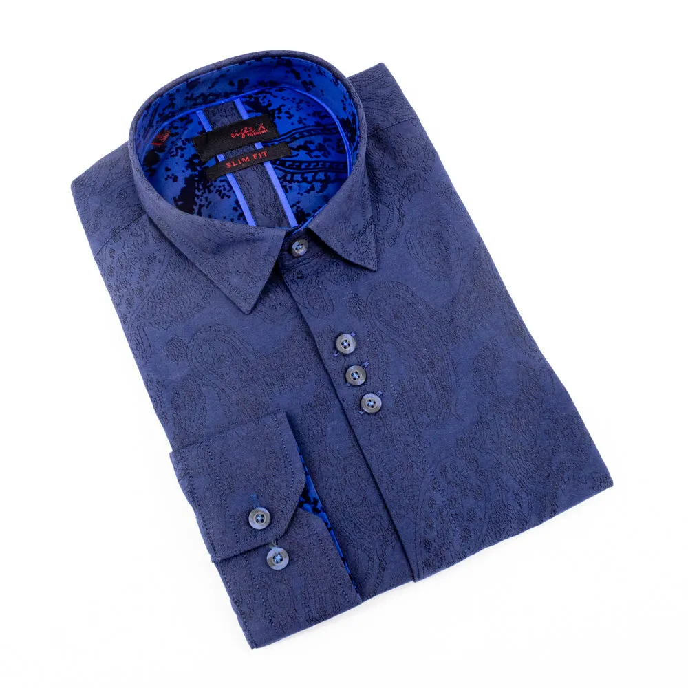 Navy Paisley Jacquard Button Down Shirts W/Flocking Trim