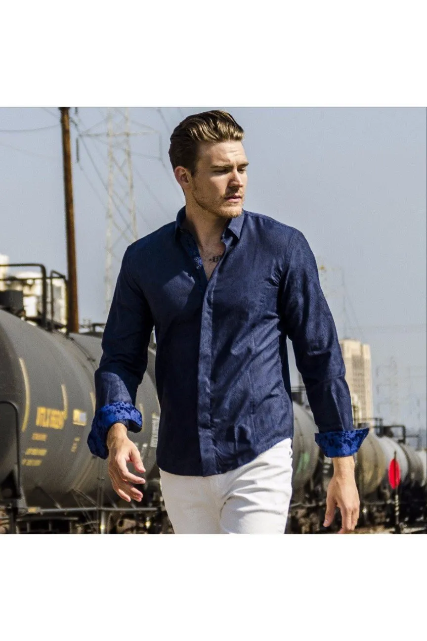 Navy Paisley Jacquard Button Down Shirts W/Flocking Trim