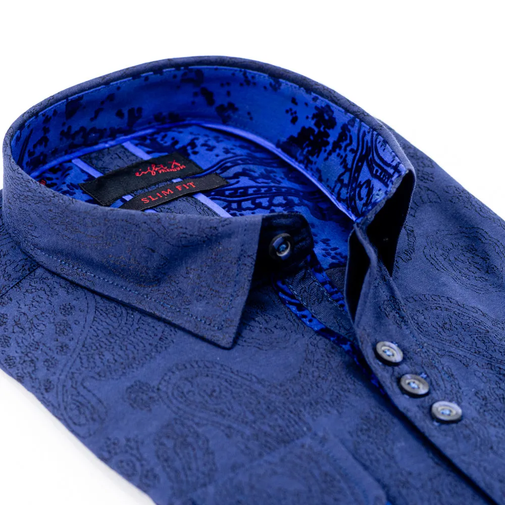 Navy Paisley Jacquard Button Down Shirts W/Flocking Trim