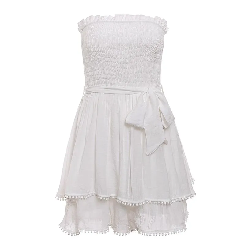 Off shoulder ruched women linen jumpsuit