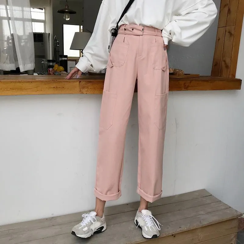 Pastel Aesthetic High Waist Cute Pockets Casual Pants