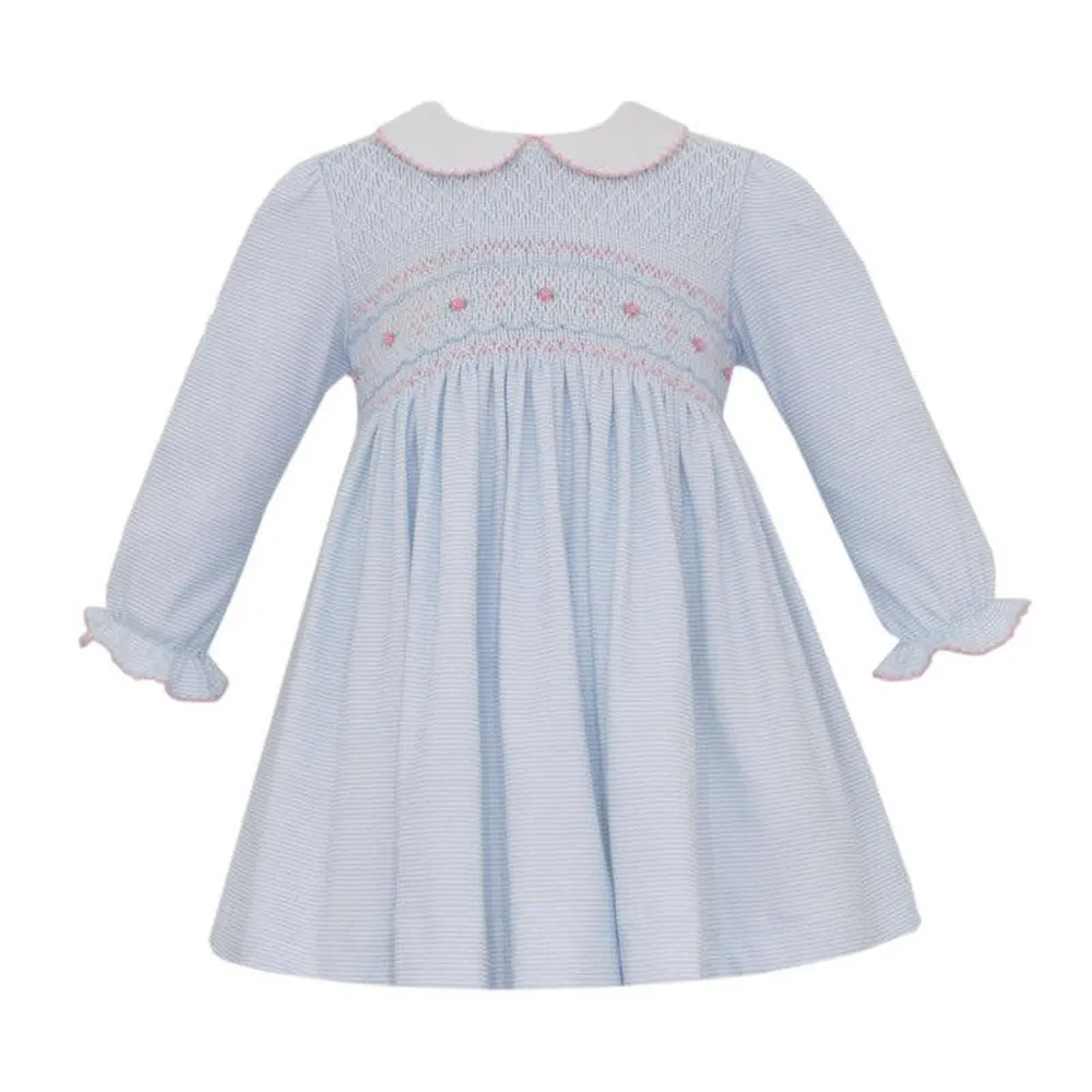 Petit Bebe Cindy Light Blue Knit Pin Stripe LS Dress