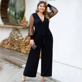 Plus Size Black Mesh Bishop Sleeve Belted Jumpsuit