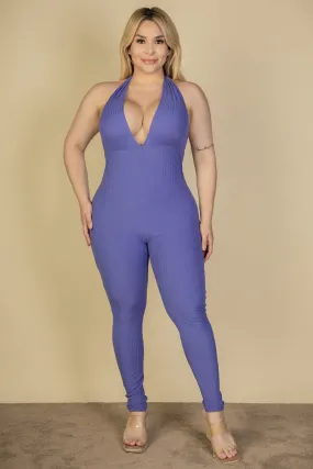 Plus Size Halter V Neck Ribbed Bodycon Jumpsuit (CAPELLA)