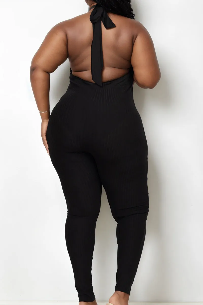 Plus Size Halter V Neck Ribbed Bodycon Jumpsuit
