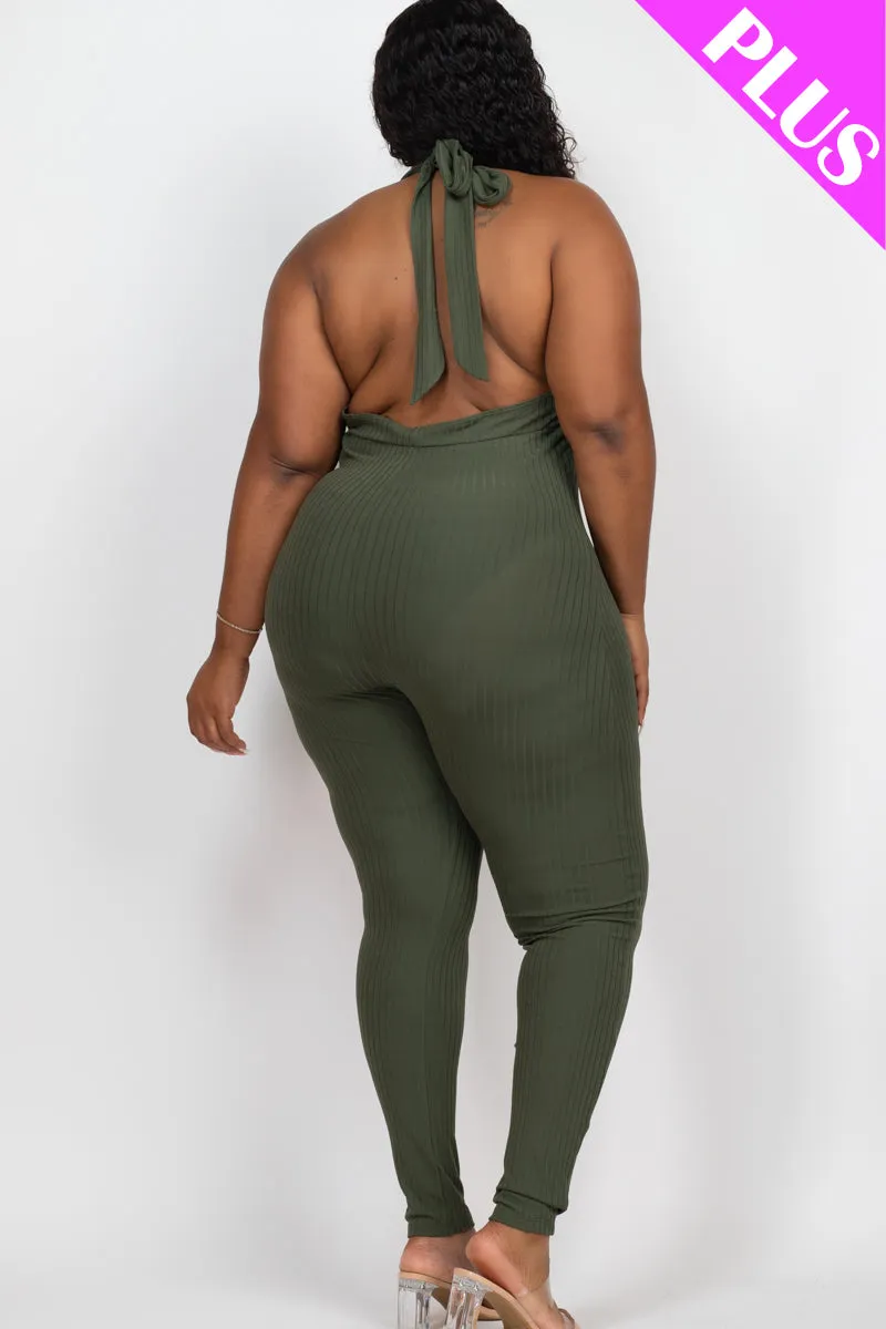 Plus Size Halter V Neck Ribbed Bodycon Jumpsuit