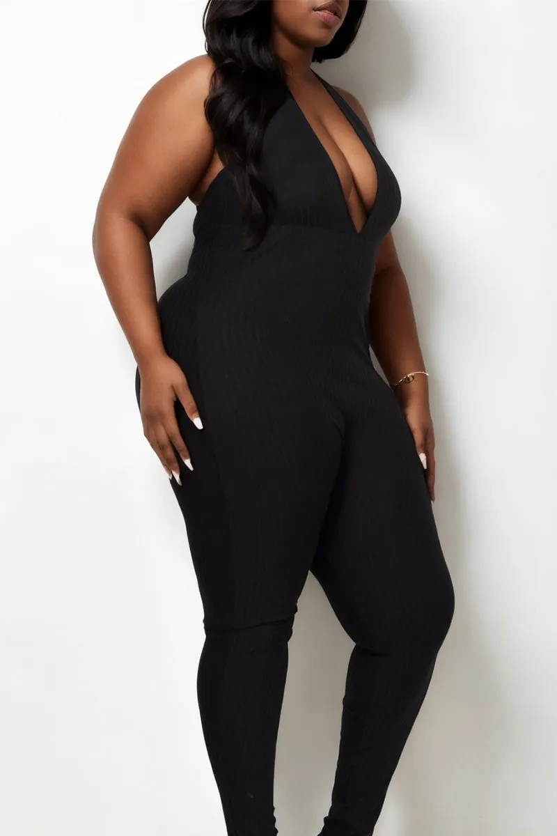 Plus Size Halter V Neck Ribbed Bodycon Jumpsuit