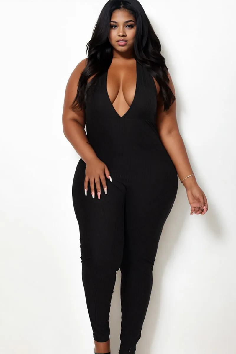Plus Size Halter V Neck Ribbed Bodycon Jumpsuit
