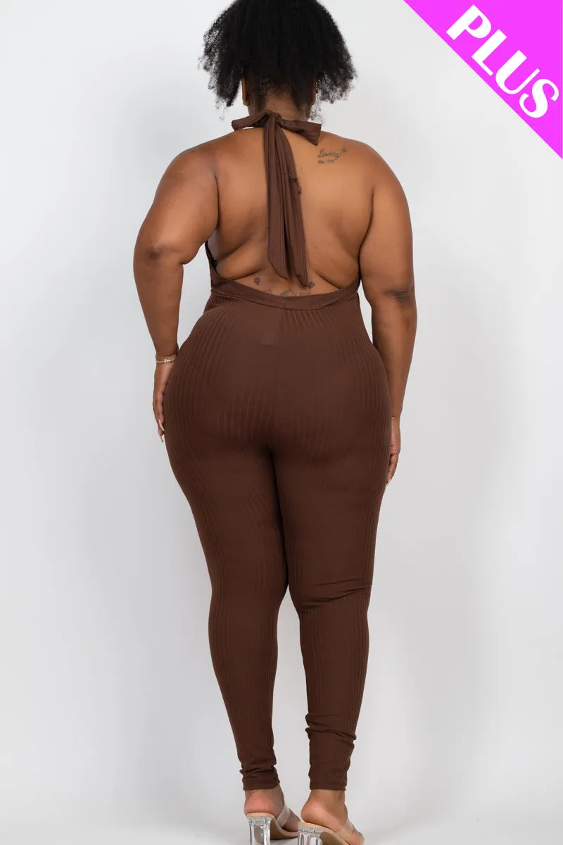 Plus Size Halter V Neck Ribbed Bodycon Jumpsuit