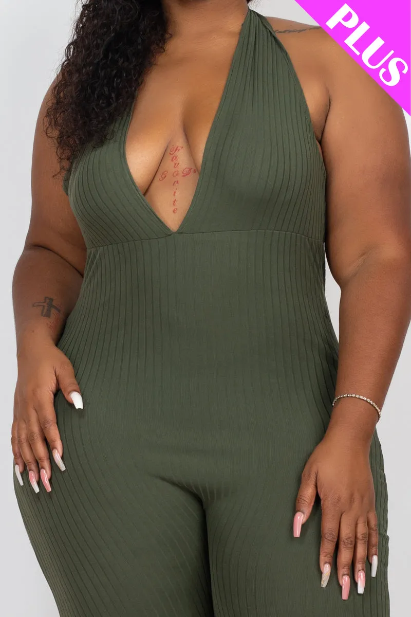 Plus Size Halter V Neck Ribbed Bodycon Jumpsuit