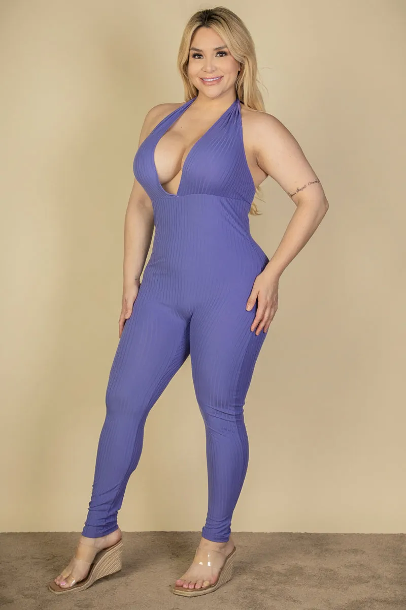 Plus Size Halter V Neck Ribbed Bodycon Jumpsuit