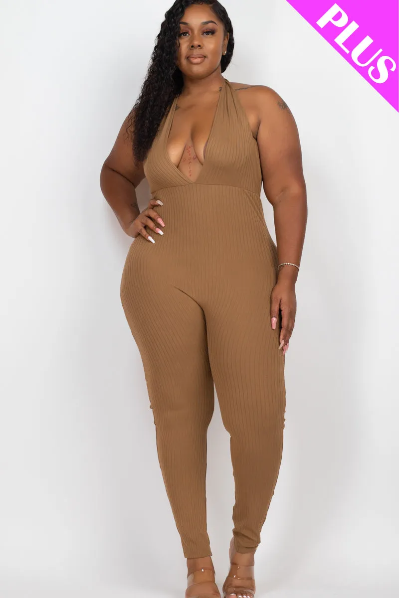 Plus Size Halter V Neck Ribbed Bodycon Jumpsuit