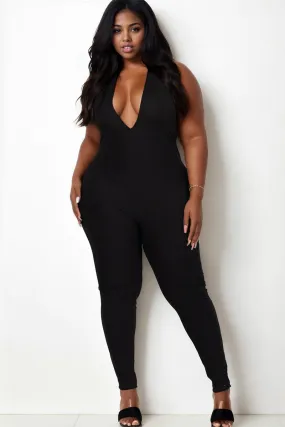 Plus Size Halter V Neck Ribbed Bodycon Jumpsuit
