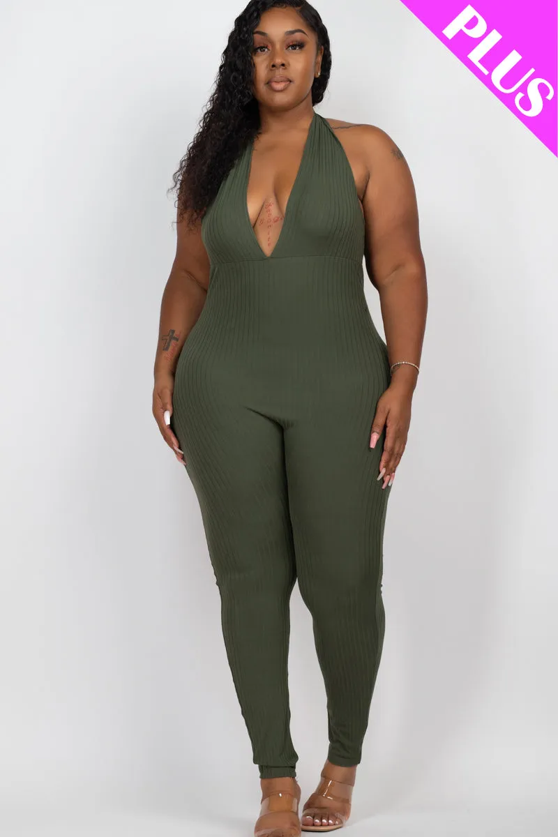 Plus Size Halter V Neck Ribbed Bodycon Jumpsuit