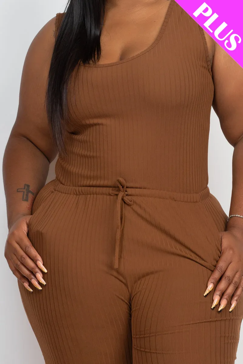 Plus Size Ribbed Sleeveless Drawstring Waist Jumpsuit (CAPELLA)
