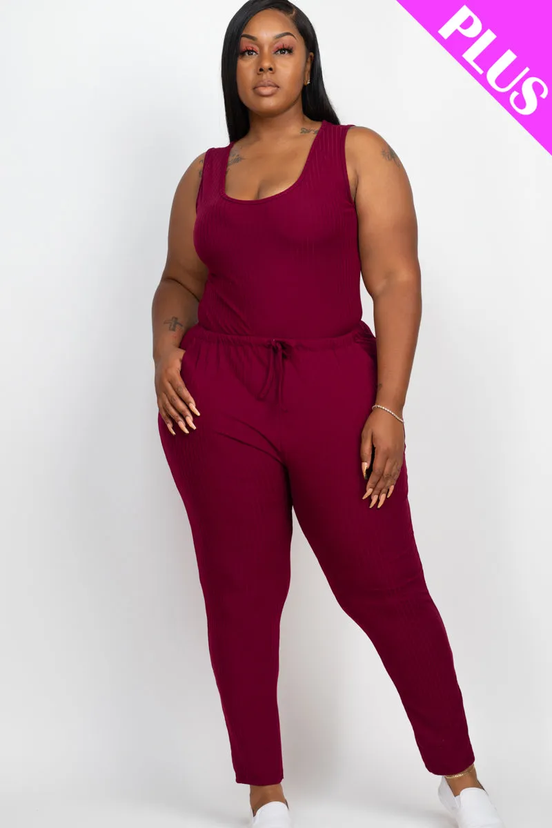 Plus Size Ribbed Sleeveless Drawstring Waist Jumpsuit (CAPELLA)