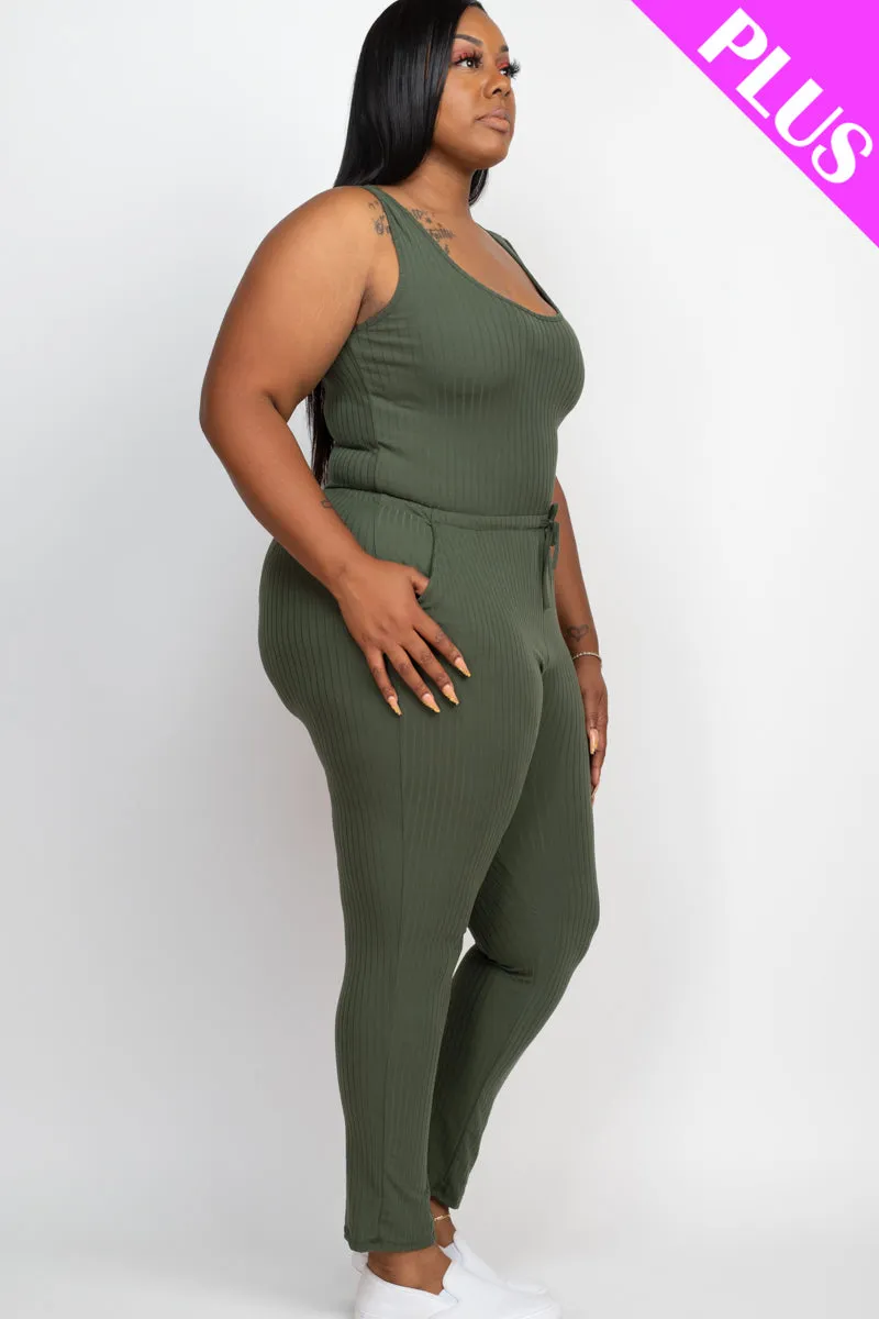 Plus Size Ribbed Sleeveless Drawstring Waist Jumpsuit (CAPELLA)