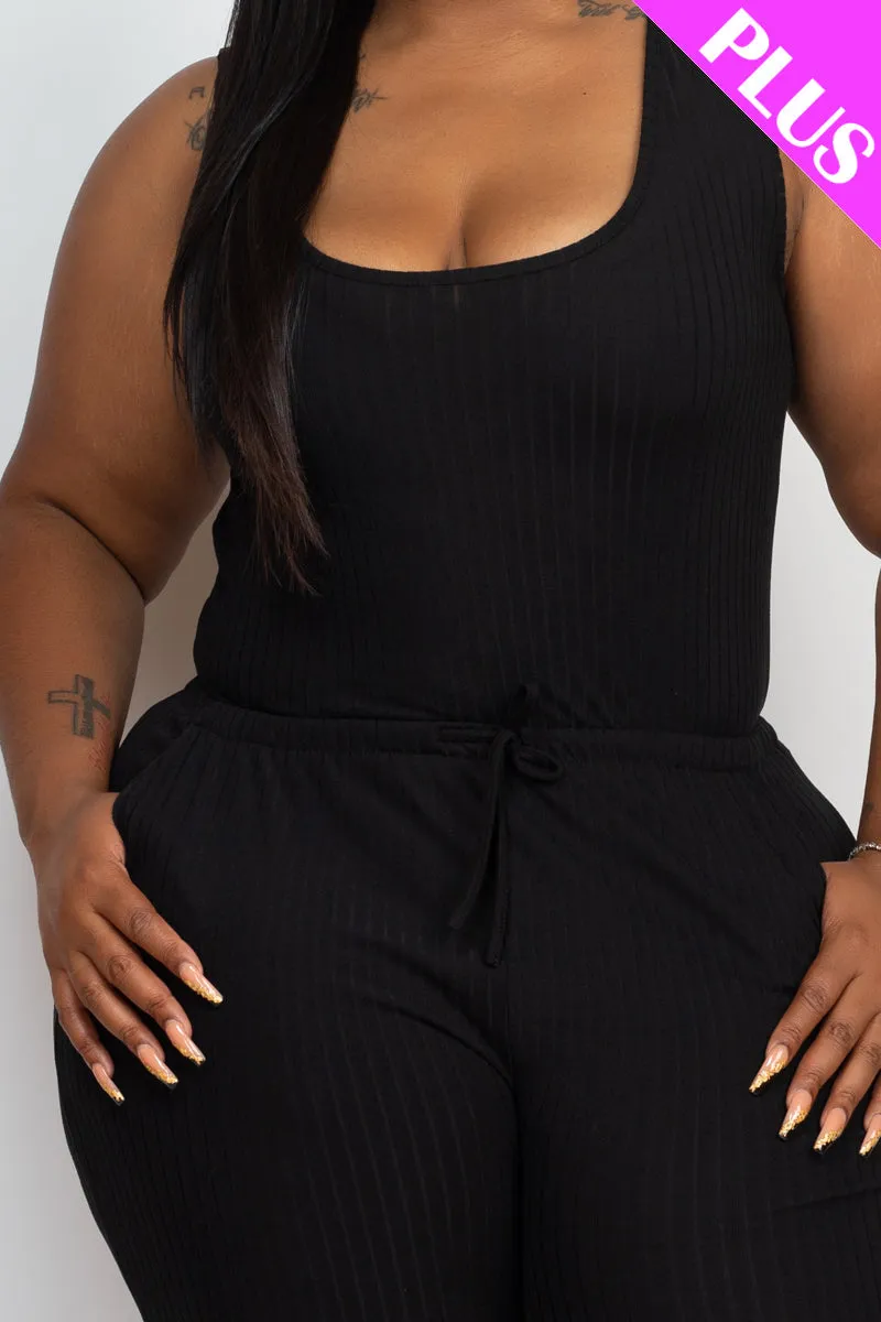 Plus Size Ribbed Sleeveless Drawstring Waist Jumpsuit (CAPELLA)