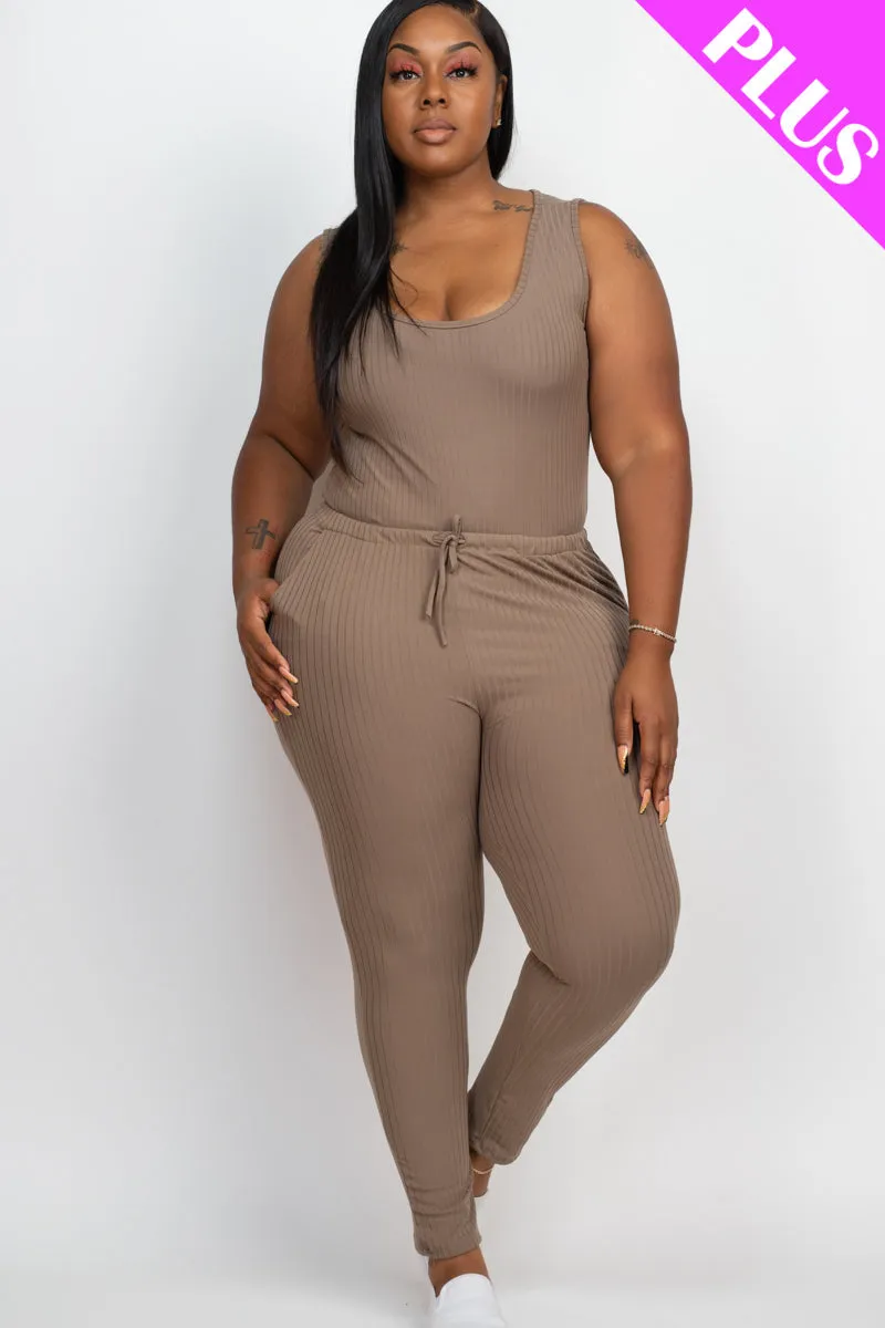 Plus Size Ribbed Sleeveless Drawstring Waist Jumpsuit (CAPELLA)