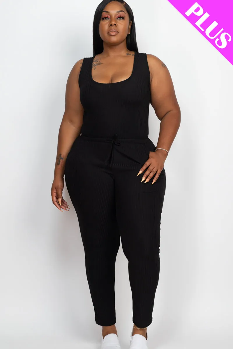 Plus Size Ribbed Sleeveless Drawstring Waist Jumpsuit (CAPELLA)
