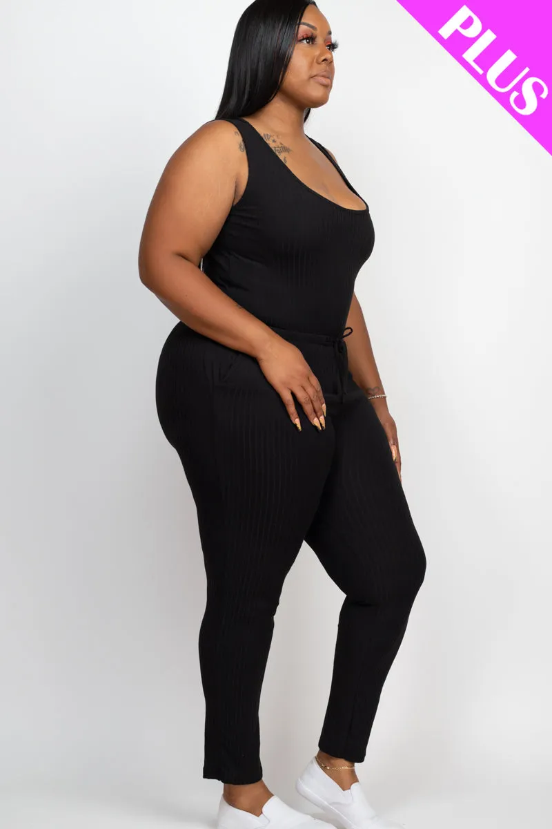 Plus Size Ribbed Sleeveless Drawstring Waist Jumpsuit (CAPELLA)