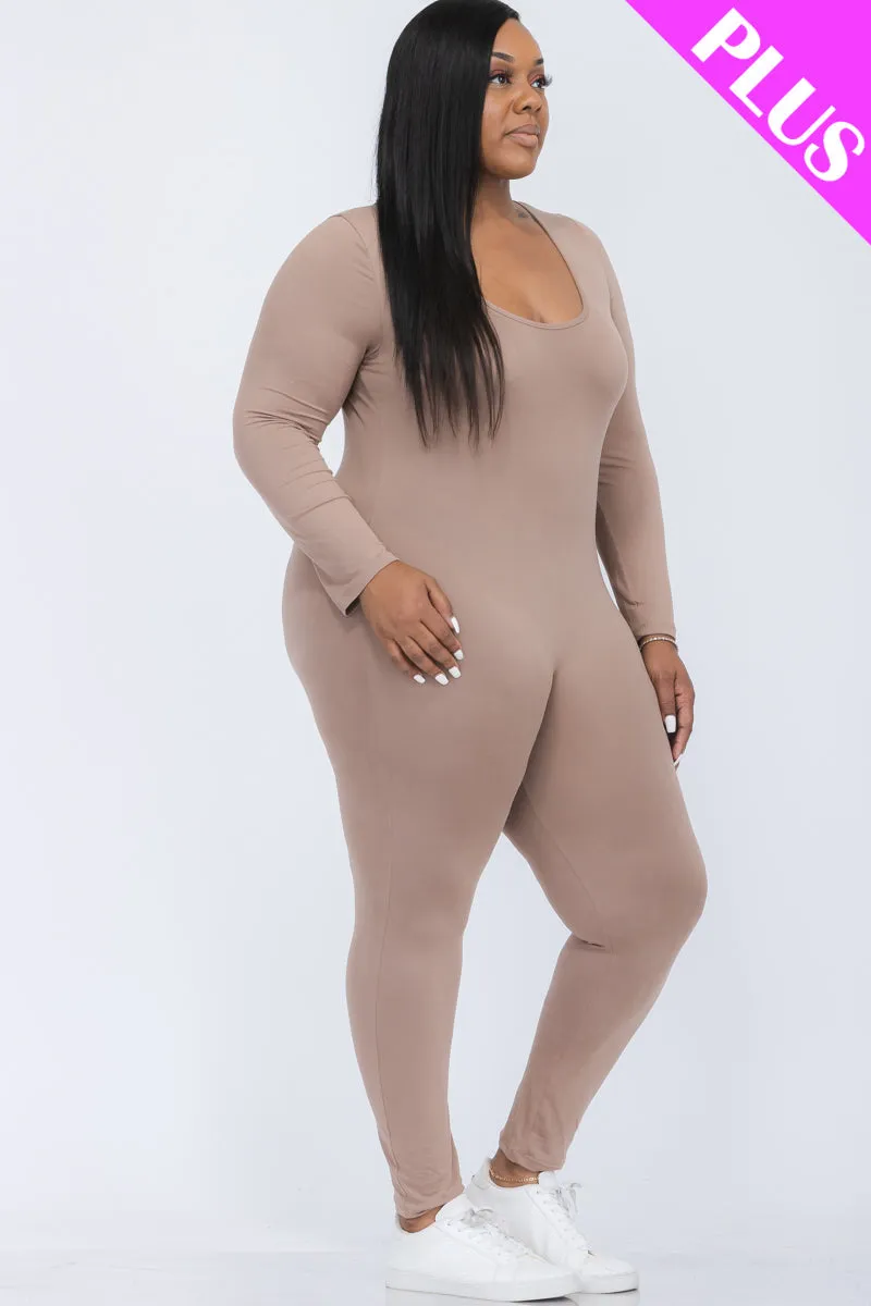Plus Size Scoop Neck Long Sleeve Bodycon Jumpsuit (CAPELLA)