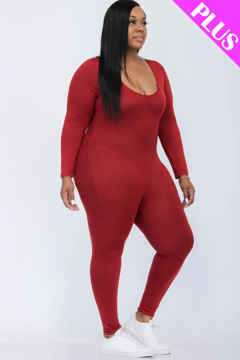 Plus Size Scoop Neck Long Sleeve Bodycon Jumpsuit (CAPELLA)