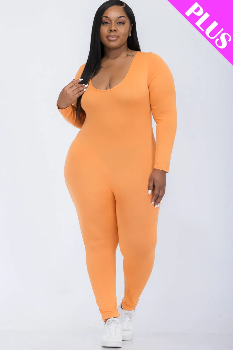 Plus Size Scoop Neck Long Sleeve Bodycon Jumpsuit (CAPELLA)