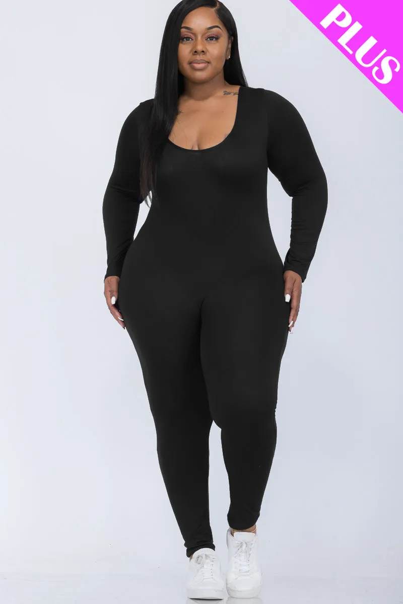 Plus Size Scoop Neck Long Sleeve Bodycon Jumpsuit (CAPELLA)