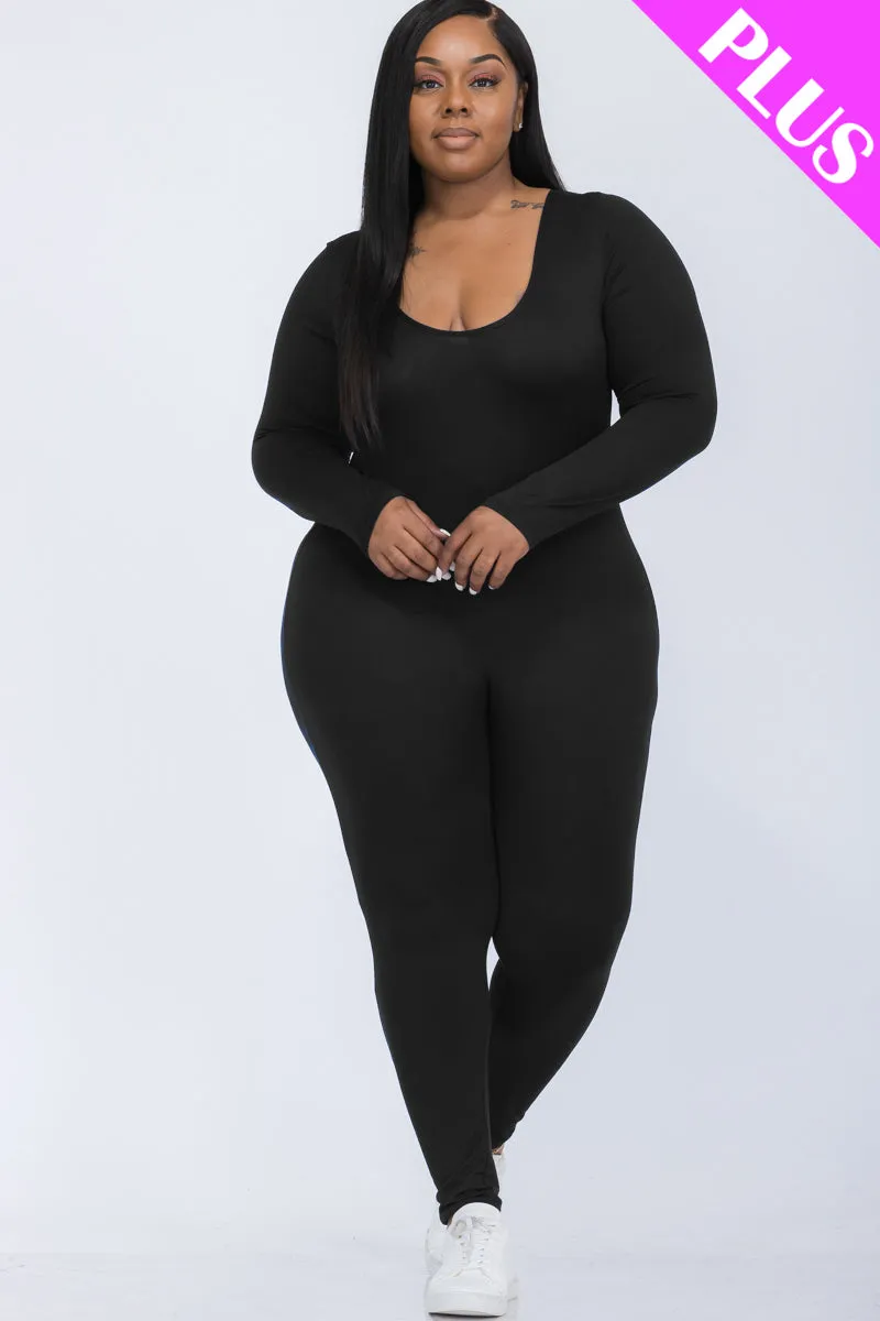 Plus Size Scoop Neck Long Sleeve Bodycon Jumpsuit (CAPELLA)