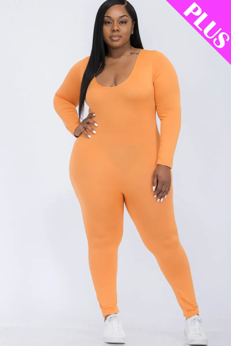Plus Size Scoop Neck Long Sleeve Bodycon Jumpsuit (CAPELLA)