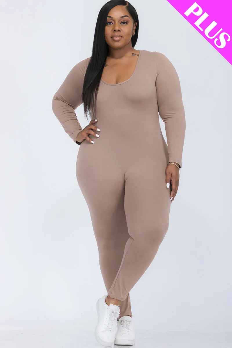 Plus Size Scoop Neck Long Sleeve Bodycon Jumpsuit (CAPELLA)