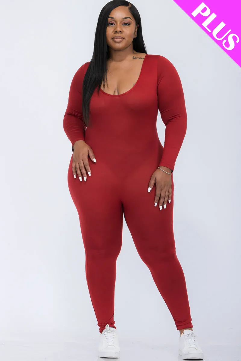 Plus Size Scoop Neck Long Sleeve Bodycon Jumpsuit (CAPELLA)