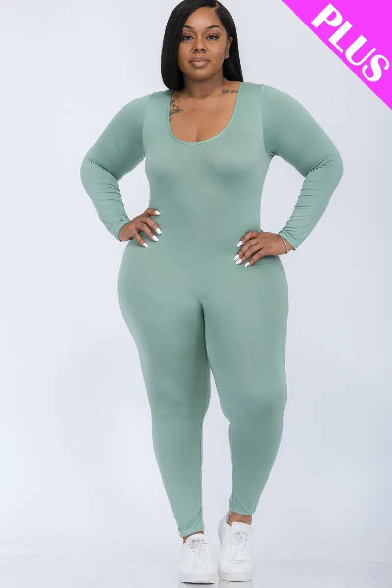 Plus Size Scoop Neck Long Sleeve Bodycon Jumpsuit (CAPELLA)