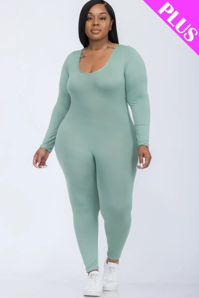 Plus Size Scoop Neck Long Sleeve Bodycon Jumpsuit (CAPELLA)