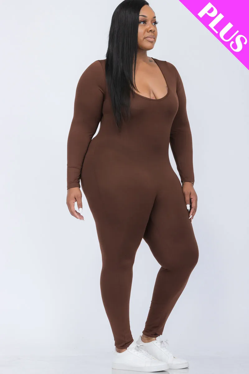Plus Size Scoop Neck Long Sleeve Bodycon Jumpsuit (CAPELLA)