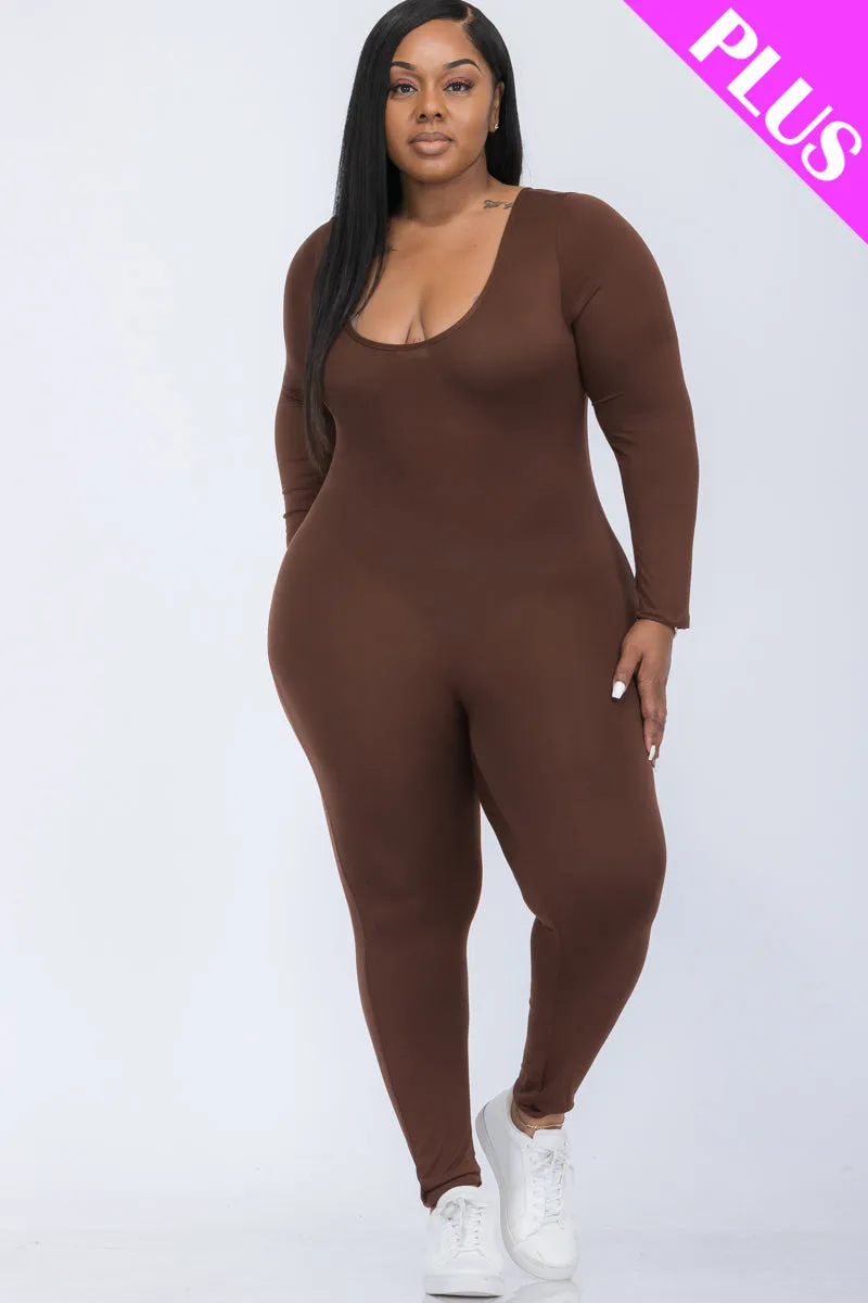 Plus Size Scoop Neck Long Sleeve Bodycon Jumpsuit (CAPELLA)