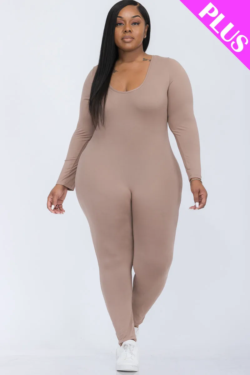 Plus Size Scoop Neck Long Sleeve Bodycon Jumpsuit (CAPELLA)