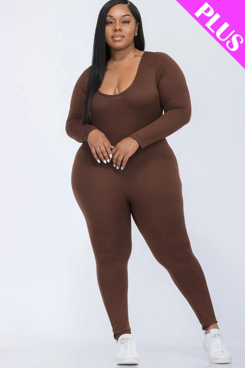 Plus Size Scoop Neck Long Sleeve Bodycon Jumpsuit (CAPELLA)