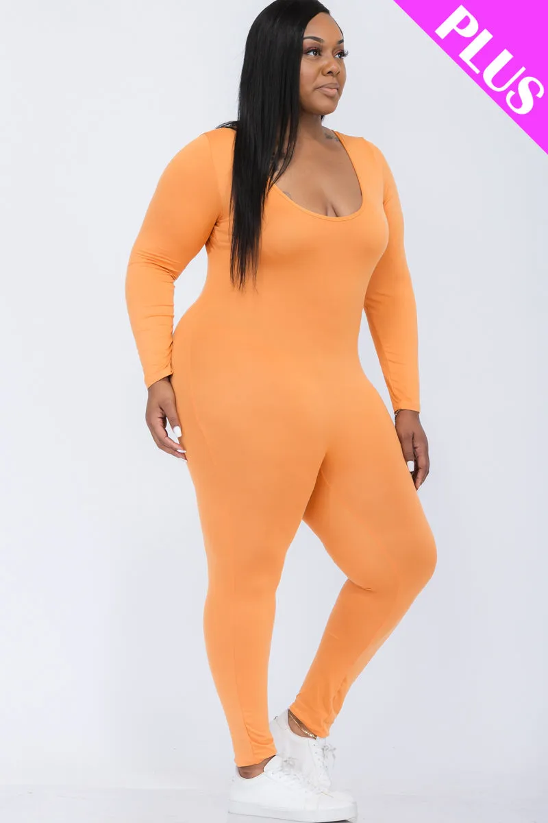 Plus Size Scoop Neck Long Sleeve Bodycon Jumpsuit (CAPELLA)