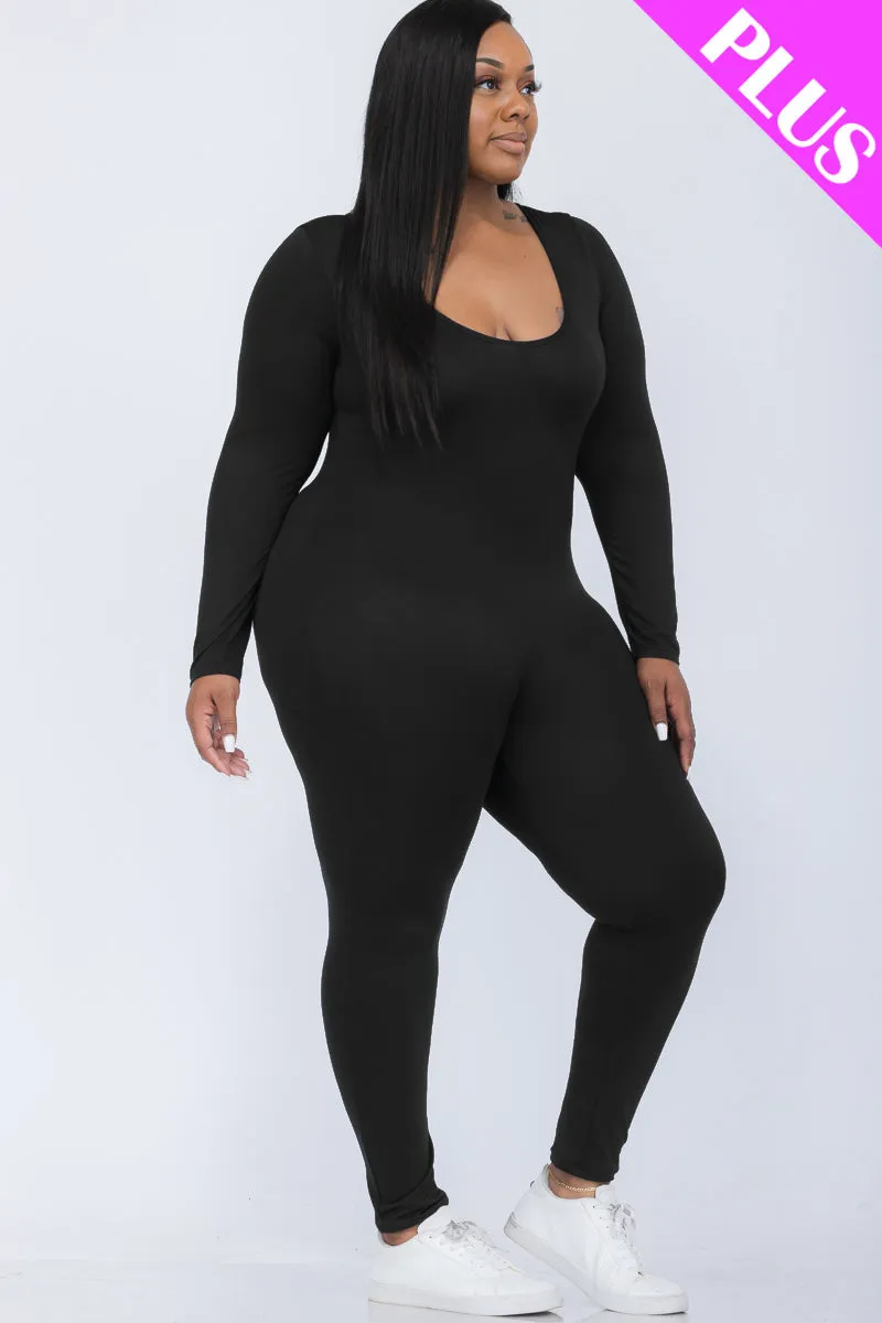Plus Size Scoop Neck Long Sleeve Bodycon Jumpsuit (CAPELLA)