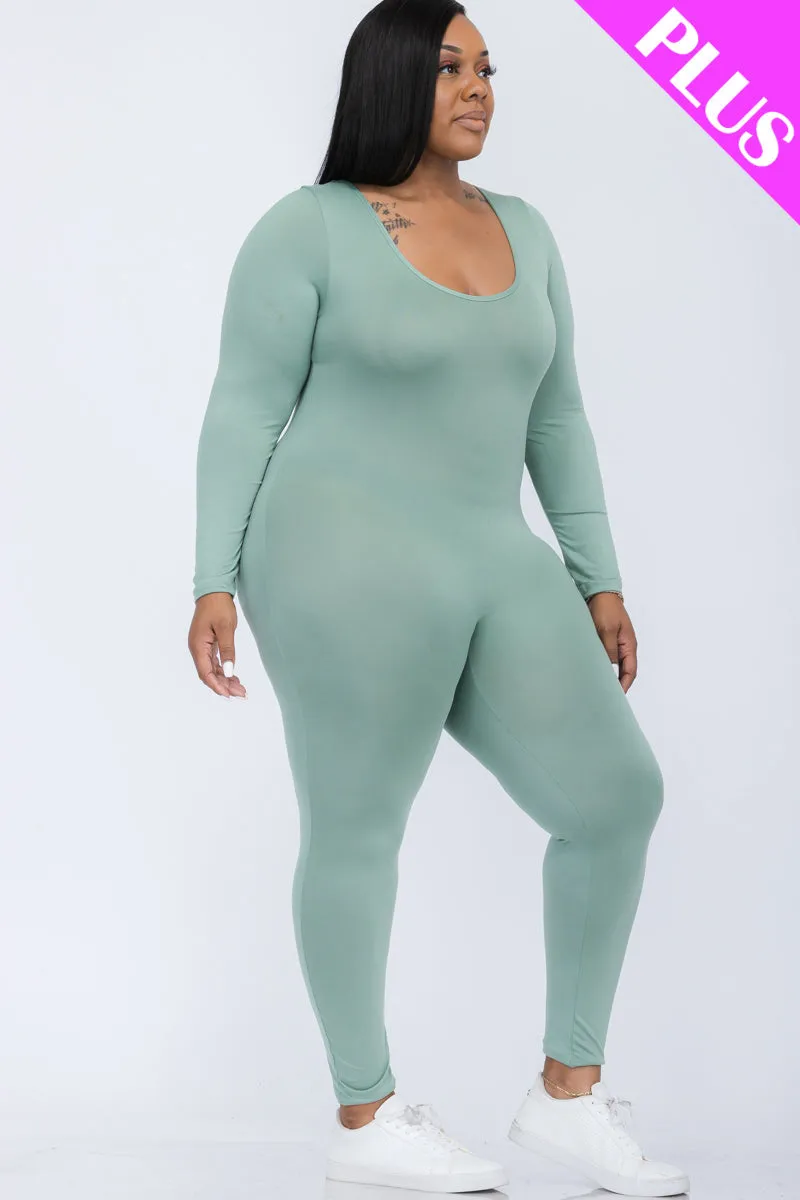 Plus Size Scoop Neck Long Sleeve Bodycon Jumpsuit (CAPELLA)