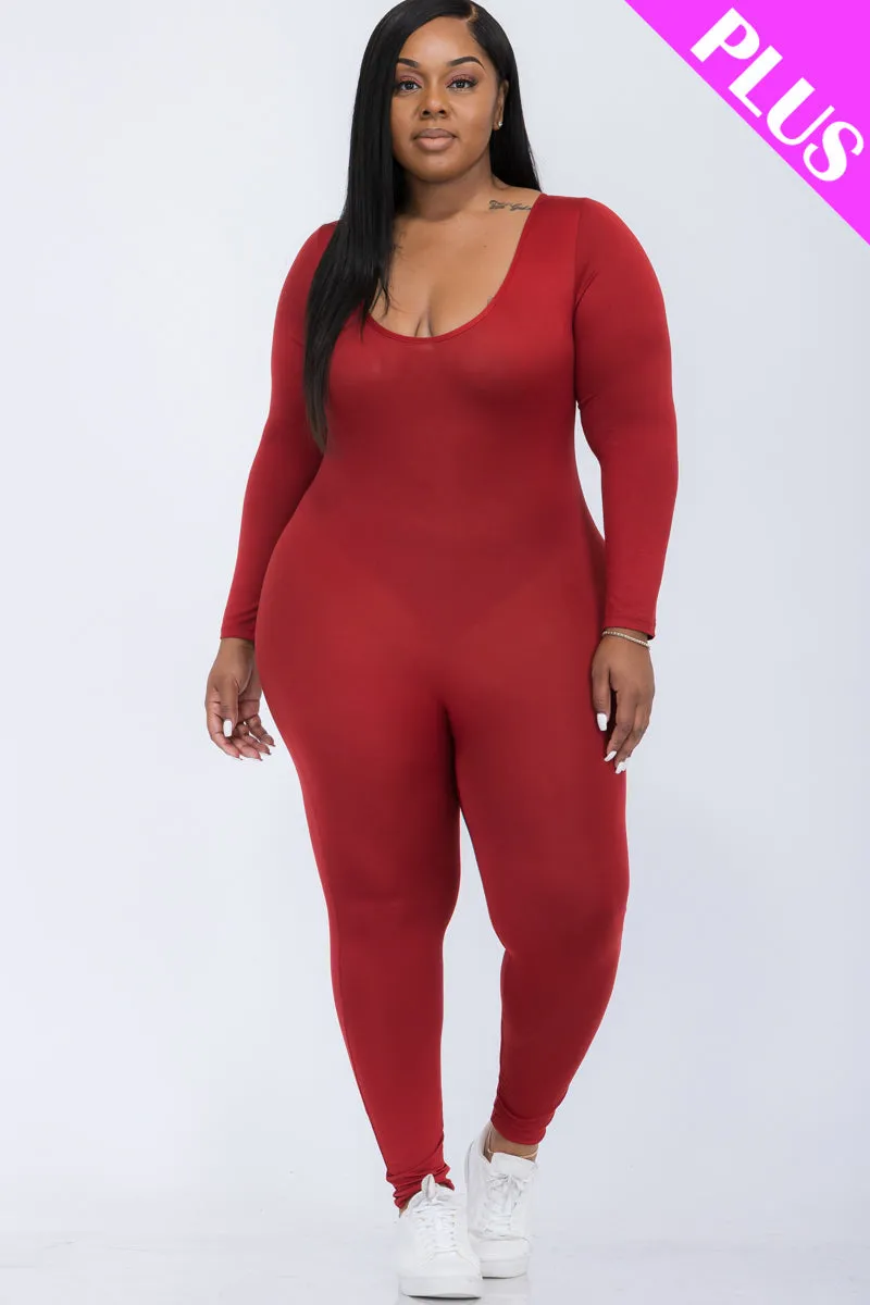 Plus Size Scoop Neck Long Sleeve Bodycon Jumpsuit (CAPELLA)