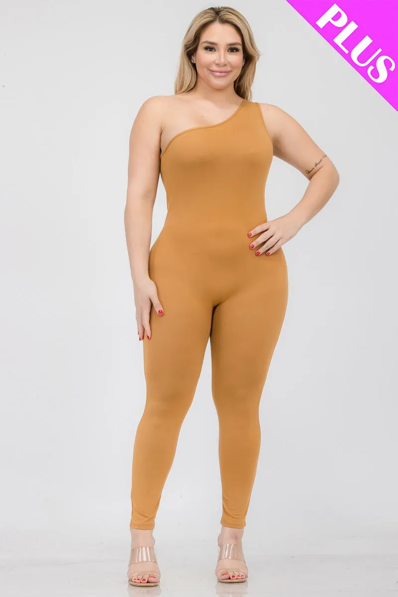 Plus Size Solid Color One Shoulder Jumpsuit (CAPELLA)