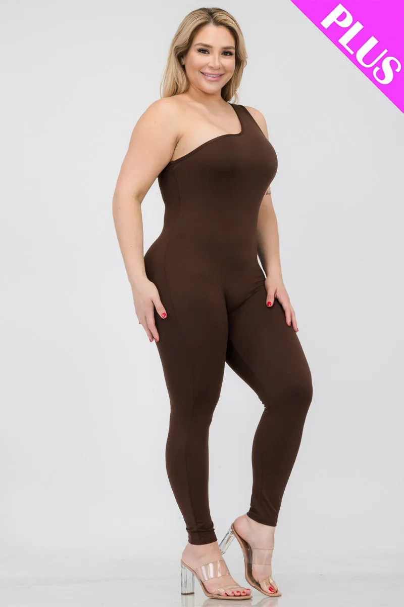 Plus Size Solid Color One Shoulder Jumpsuit (CAPELLA)